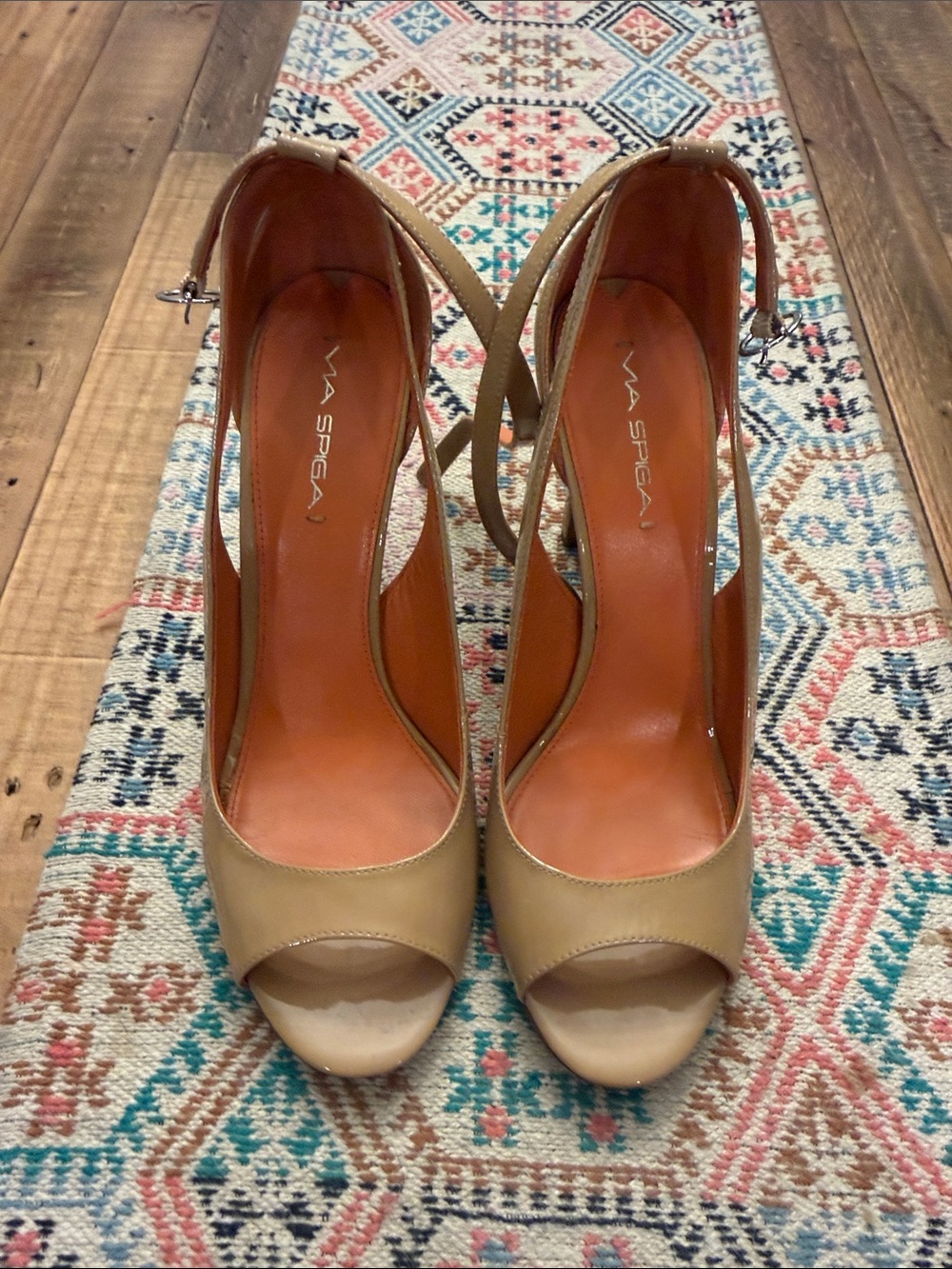 Via Spiga Tan Peep-Toe Ankle Strap Heels